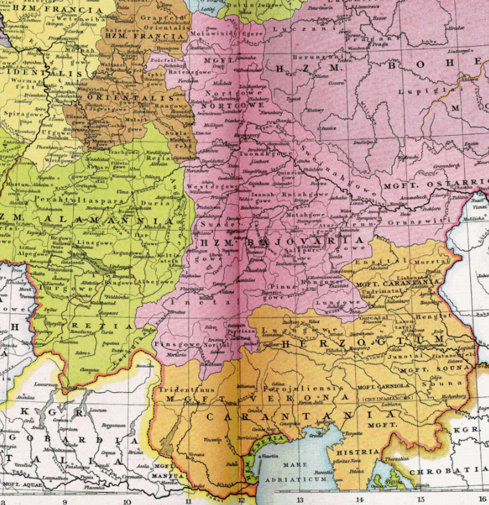 The Duchy of Carinthia (orange) was created by Otto II from confiscated territory of the Duchy of Bavaria (purple)