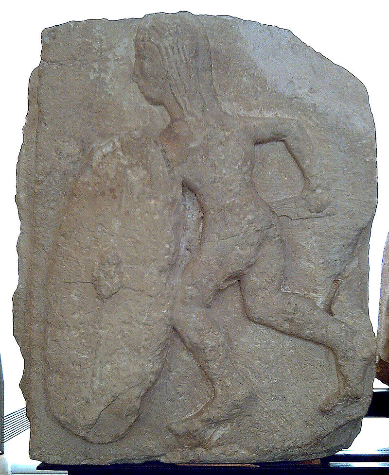 Iberian warrior from bas-relief c. 200 BC. The warrior is armed with a falcata and an oval shield. National Archaeological Museum of Spain, Madrid