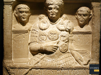 A cenotaph to Marcus Caelius, a centurion of Legio XVIII, killed at the Battle of Teutoburger Wald. Note the prominent display of the vine staff, his sign of office.