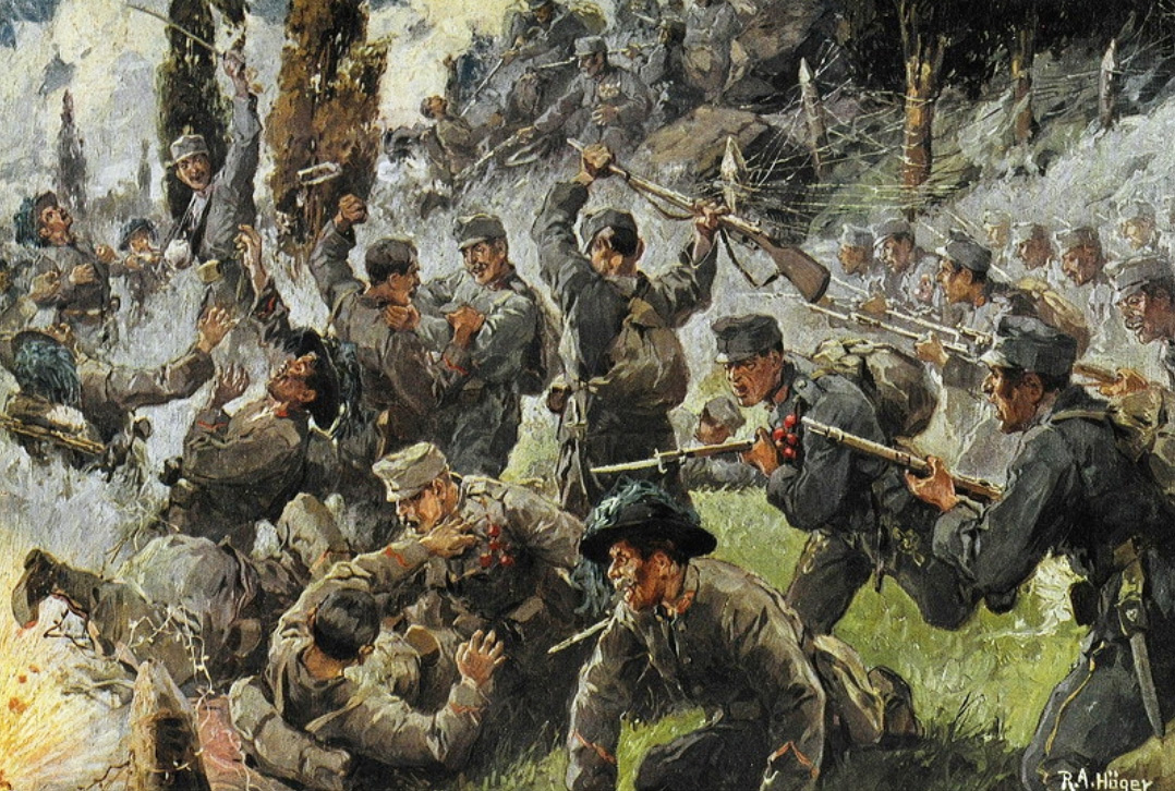 Depiction of the Battle of Doberdò, fought in August 1916 between the Italian and the Austro-Hungarian armies