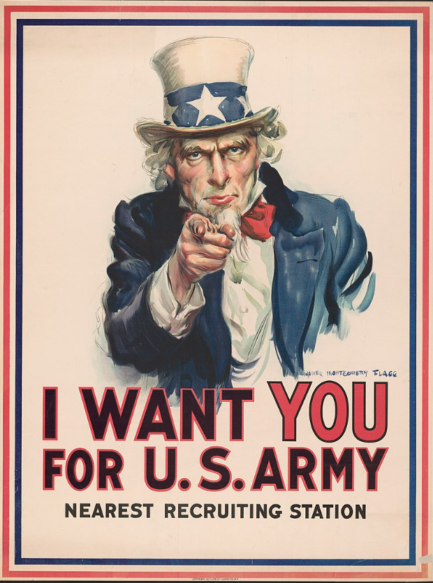 A World War I United States Army recruitment poster featuring a half-length portrait of Uncle Sam pointing at the viewer, with the legend 'I want you for U.S. Army'
